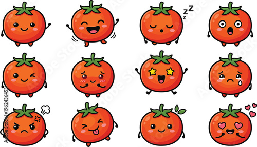 Cute Kawaii Tomato Characters Set with Funny Cartoon Faces Showing Happy, Sad, Angry, Sleepy and Love Emotions for Kids Food Sticker and Emoji Design