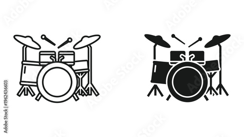 Contrasting drum kit illustrations in different styles of line art