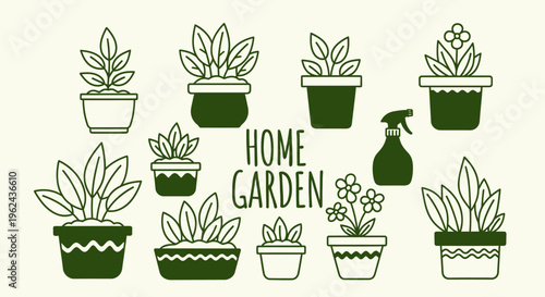 Versatile collection of various potted houseplants and essential gardening items, presented in a clean outline illustration style, ideal for botanical designs and home decor projects