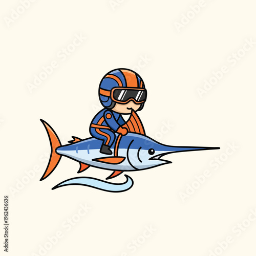 A cartoon character wearing a helmet and racing suit rides a large fish through water. The style is simplistic and colorful