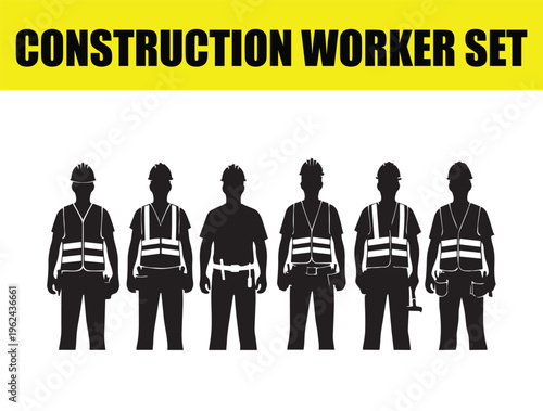 Construction worker set with black silhouettes of builders, industrial contractor characters in safety vests and hard hats, professional engineering crew vector collection