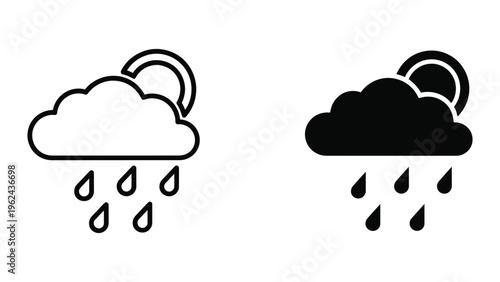 Comparison of light and dark raining clouds with sun rays icons