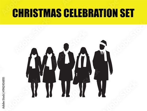 Christmas celebration set of people silhouettes, group of friends in winter coats and scarves, holiday party attendees wearing santa hats, black and white vector figures