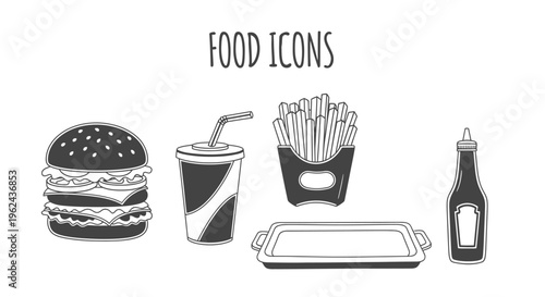 Collection of food icons featuring a burger, drink, fries, tray, and bottle