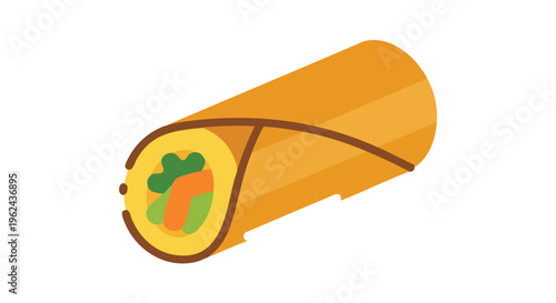 A stylized illustration of a wrapped food item, likely a burrito or spring roll, with visible filling. The design is simple with bold colors