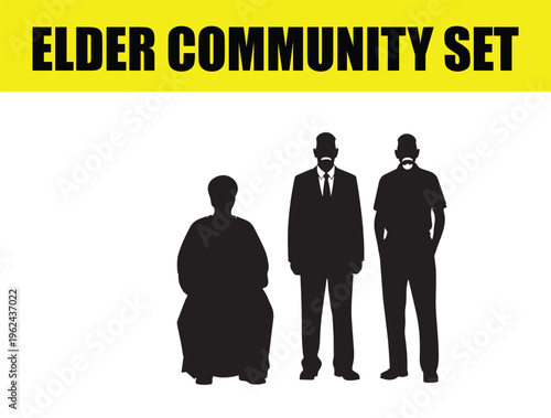 Elder community set with senior citizen silhouettes, black vector icons of elderly people and retired men, nursing home and geriatric care graphic elements
