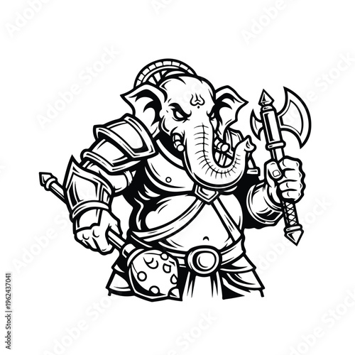 A black and white illustration of a muscular ganesha mascot wearing armor and holding an axe with a fierce expression on a clean white background