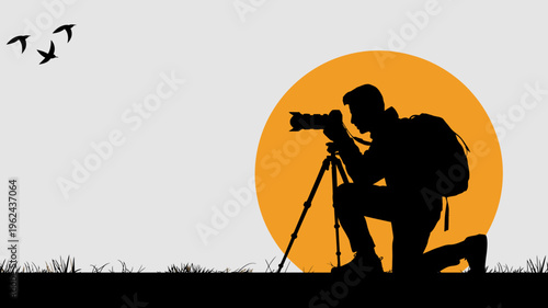 Photographer silhouette in sunset: A silhouette of a photographer kneeling, focused on capturing a stunning moment. against the backdrop of a vibrant orange sunset.