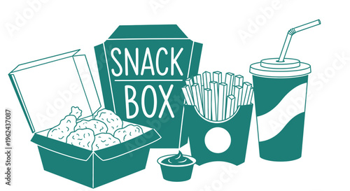 Fast Food Snack Box with Chicken, Fries, and Drink Illustration