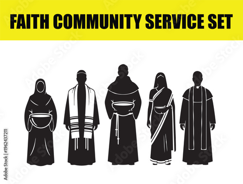 Faith community service set, religious leaders and clergy silhouette icons, diverse spiritual representatives in traditional robes and vestments, multicultural faith group vector