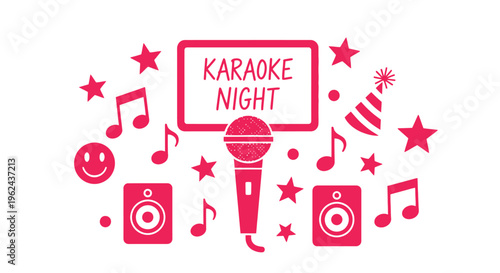 Dynamic vector graphic celebrating a fun karaoke night event, featuring a microphone, speakers, musical notes, and festive party elements