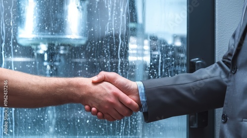 Handshake between a CNC machinist and a businessman client. Concept of CNC machinery deal offer and partnership.