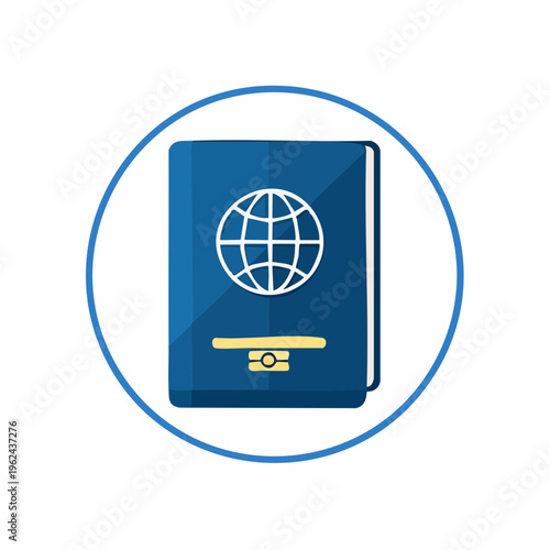 Blue passport with globe emblem and identification symbol inside a circle