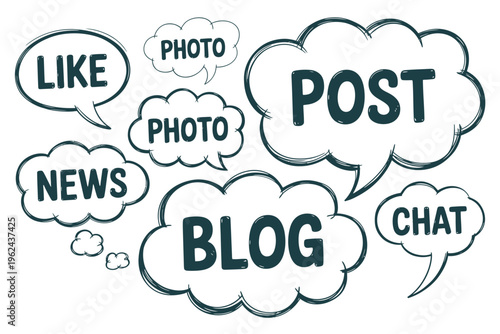 A hand drawn illustration depicting speech bubbles with social media terms like like post blog and chat