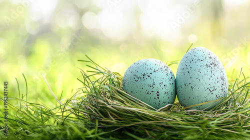 Two speckled blue Easter eggs sit led together in a natural grass , basking in the soft, diffused sunlight of a sp morning scene outdoors.