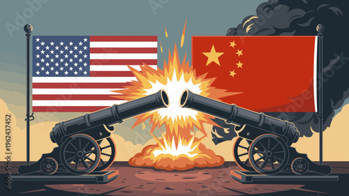 Tensions Unleashed: Symbolic representation of the friction between the United States and China, with cannons firing amidst the flags of the nations, set against a dramatic backdrop.