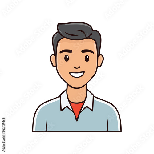 Friendly cartoon man with dark hair and a light blue shirt and orange collar
