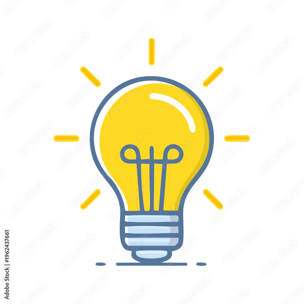 Fototapeta premium Bright yellow light bulb glowing with radiating lines symbolizing a new idea, inspiration, or innovation.