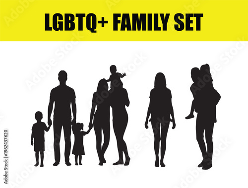 LGBTQ+ family set of black silhouettes, diverse queer parents and children vector collection, inclusive gay and lesbian family groups, modern community representation for social media