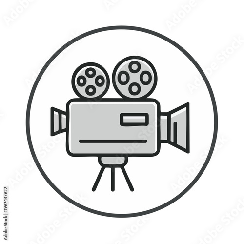 Retro film camera icon with reels on a tripod for movie production and cinema