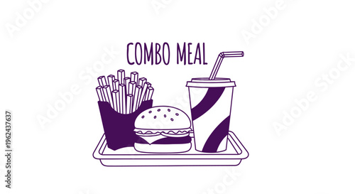 Simple line art vector illustrating a complete fast food combo meal a juicy burger, crispy fries, and a refreshing drink, all neatly arranged on a tray