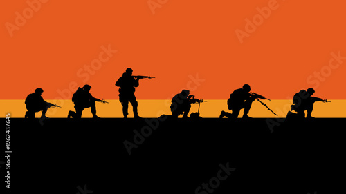 Shadowed Soldiers in the Sunset: Silhouette of soldiers on the front lines, poised and ready during the sunset. The image evokes a sense of duty, courage.