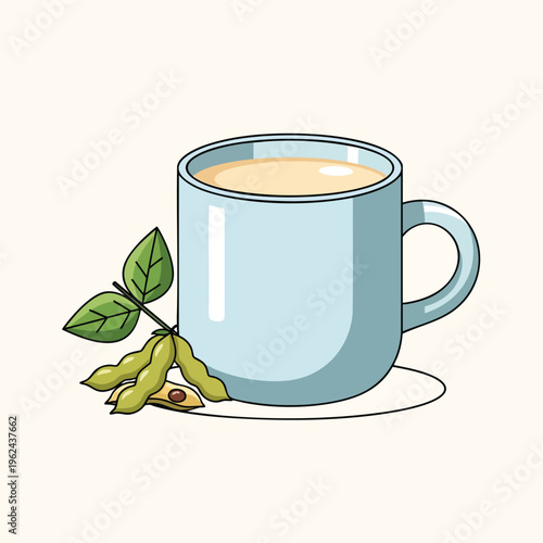 An illustration features a blue mug filled with a creamy beverage, accompanied by soybeans, green leaves, and pods. All on a pale background