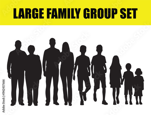 Large family group set with multi-generational silhouettes, black human figures of parents and children, diverse family members vector illustration for community and social concepts