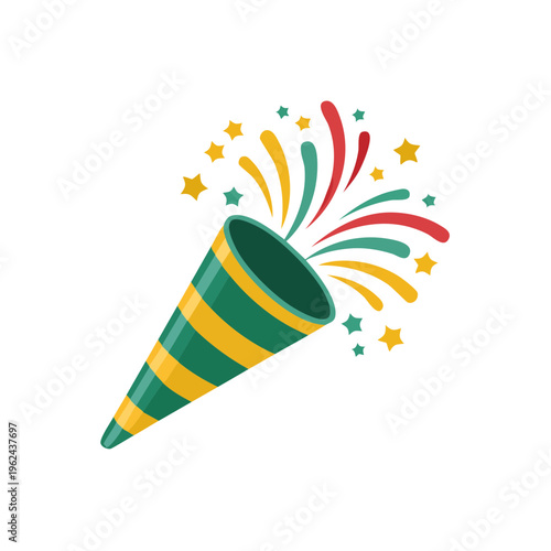 Green and yellow striped party popper exploding with colorful streamers and stars