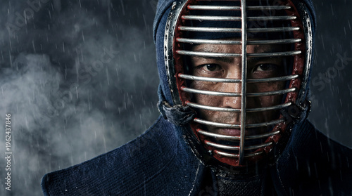 Japanese kendo warrior dramatic portrait men helmet mask martial arts rain intense gaze bushido discipline fighter spirit traditional armor sport competition training power strength determination