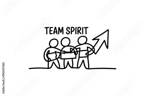 A simplistic sketch depicts a team of stick figures collaborating and lifting a box upwards