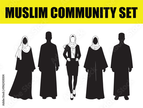 Muslim community set of black silhouettes, diverse group of Islamic men and women in traditional clothing, flat vector icons of people wearing hijab and thobe for cultural representation