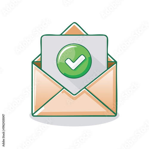 Open envelope with confirmation check mark green icon illustration