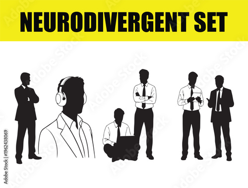 Neurodivergent set of business people silhouettes, professional office workers with autism and ADHD, diverse corporate employees in suits and noise-canceling headphones vector