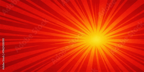 Abstract red sunburst background featuring a bright orange explosion and glowing yellow star rays in a hot energy vector illustration design
