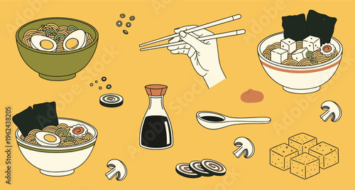 Japanese ramen noodle soup bowls with chopsticks, soy sauce and tofu on yellow background