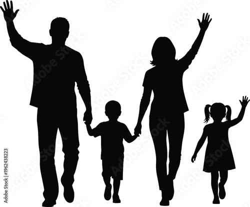 Silhouettes of family members walking and waving hands on a transparent background