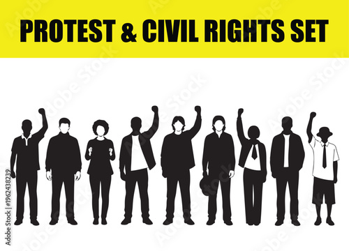 Protest and civil rights set, black silhouettes of people with raised fists, diverse crowd of activists standing for social justice, vector illustration for human rights and equality