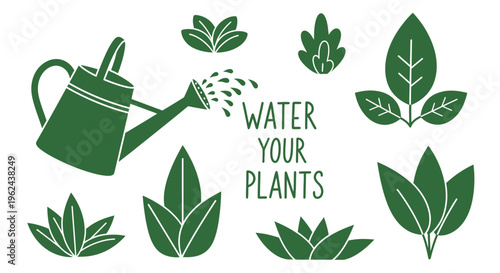 Stylized Vector Illustration of a Watering Can Nurturing Various Green Plants, Symbolizing Growth and Essential Garden Care