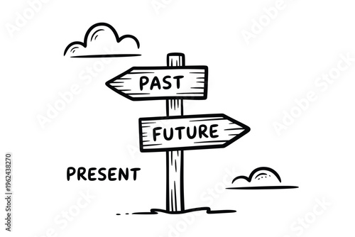 A black and white hand drawn illustration depicting a signpost with directions past present and future