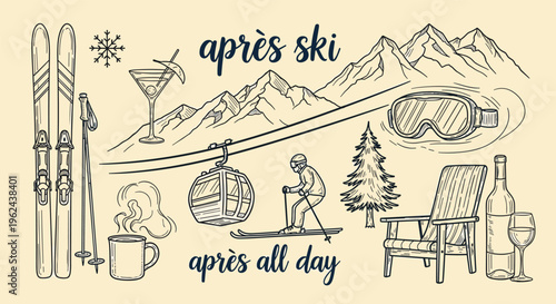 Winter mountain scene with ski equipment and apres ski drinks