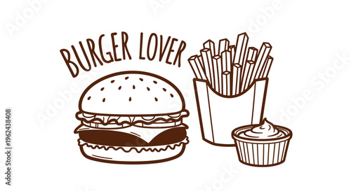 Hand-drawn illustration of a classic fast food meal featuring a savory hamburger, crispy french fries, and a side of dipping sauce, perfect for showcasing a love for delicious quick bites