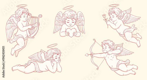 Collection of cherub angels playing music holding heart and shooting arrow