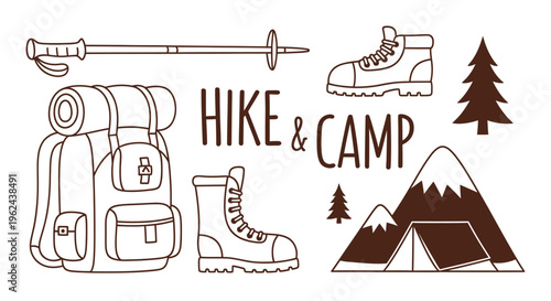 Detailed line art set of camping and hiking equipment, featuring a backpack, trekking poles, sturdy boots, a tent, and scenic mountain landscapes for outdoor adventures