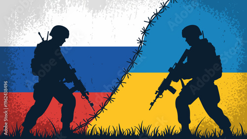 Divided Battlefield: A stark illustration captures the intensity of conflict, featuring silhouetted soldiers on opposing sides, separated by barbed wire, with the national flags as the backdrop.