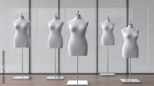 Five dress form sewing mannequin body torso with metallic base stands in indoor space