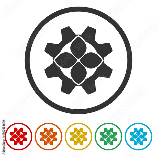 Leaf and gear icon. Set icons in color circle buttons