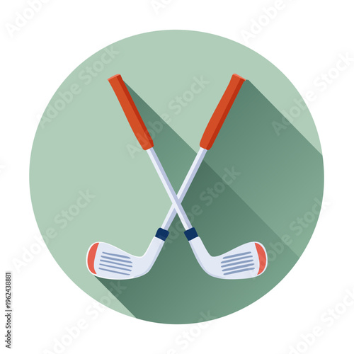 Two crossed golf clubs with orange grips depicted in a flat graphic style