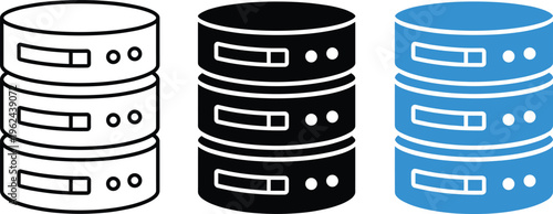 Database Storage Icon Set in Outline, Solid, and Blue Styles Representing Server Stack, Data Management, Cloud Systems, and Digital Infrastructure Concepts