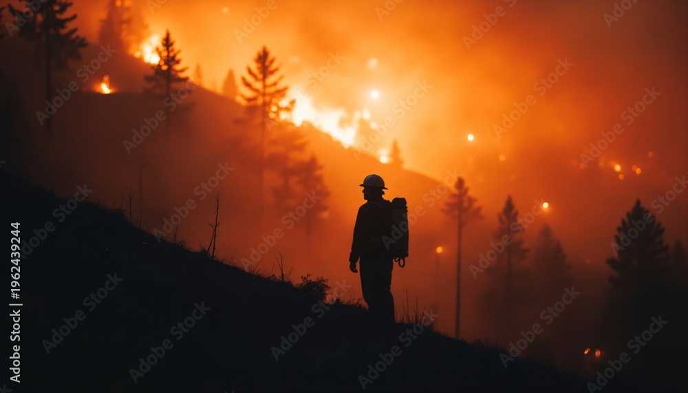 Fototapeta premium Firefighter standing in front of burning forest wildfire during night. Man in protective gear observing emergency blaze. Dangerous natural disaster and forest fire control concept.